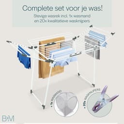 BAUER & MEYER® Droogrek Classic - Wasrek Inklapbaar - Incl. 20 wasknijpers + 1x wasmand - 25 Meter drooglengte + 30kg draagkracht - WIT — thumbnail 2