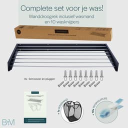 BAUER & MEYER® Wanddroogrek XXL 116cm - Droogrek Inklapbaar - Incl. 10 wasknijpers + 1x wasmand - Wasrek - 8.1 Meter drooglengte - Zwart — thumbnail 2
