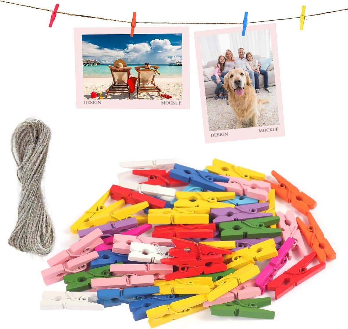 Houten Kledingknijpers - Mini Clips Touw - Foto's Ophangen - Natuurlijk Materiaal - 120 Stuks - Gekleurd — afbeelding 1