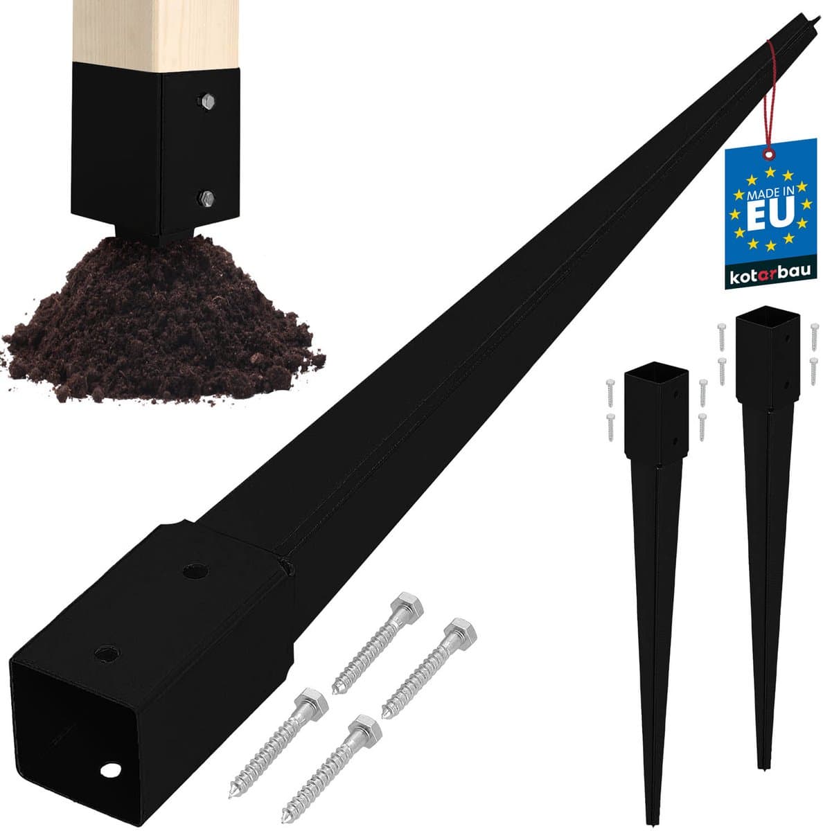 Kotarbau Zwart Stalen Grondanker Set - 51x51x600mm - Voor Pergola en Tuinhuis — afbeelding 1