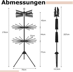 COSTWAY 3-traps droogrek, inklapbaar, 178 cm, vrijstaand droogrek met 24 clips en 32 stangen, ruimtebesparende handdoekdroger met 360 graden draaibare armen, zwart — thumbnail 1