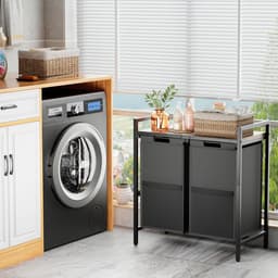 Unyqoos® Zwarte wasmand met plank en twee vakken voor georganiseerde wasopslag — thumbnail 4