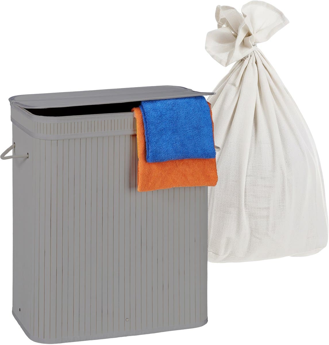 Wasmand 2 vakken - 100 liter - bamboe - grijs — afbeelding 1