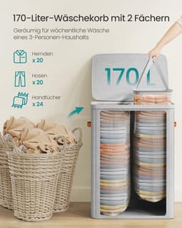 Furnstar Wasmand 170 l - Wasverzamelaar - 2 vakken - Wassorteerder - Lichte constructie met deksel en handgrepen - Uitneembare waszak 56 x 40 x 75 cm – Duifgrijs — thumbnail 5