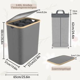 Wasmand 140 l met deksel 3 delen - uitneembare netwassorteerder waszak waszak wasmand met handgrepen voor handdoeken, kleding, speelgoed — thumbnail 4