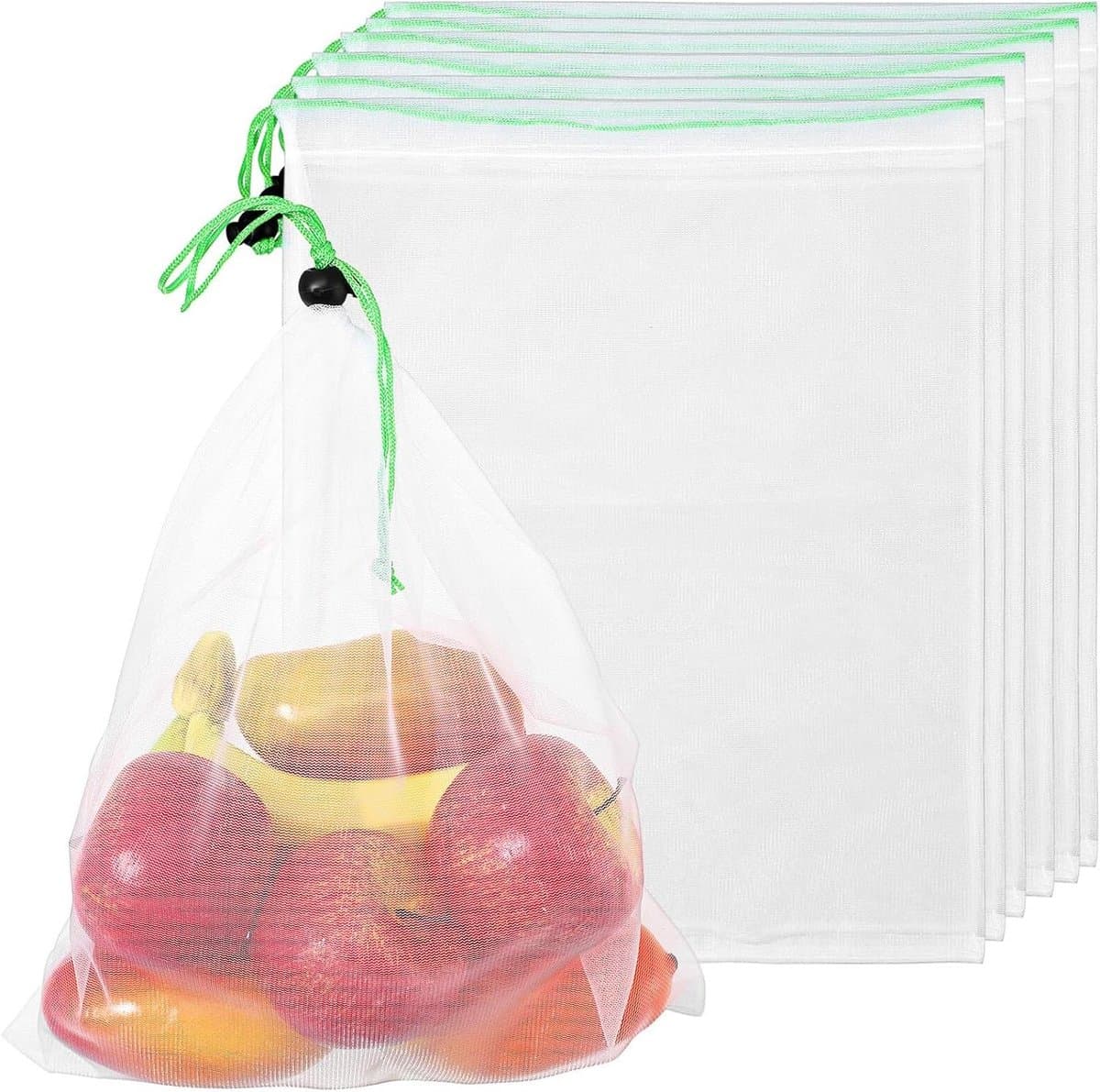 Fruitnet Met Trekkoord - Groentezakken Opbergzakken - Producten Vers Houden - Ademend Mesh Materiaal - 35x30CM - Wit — afbeelding 1