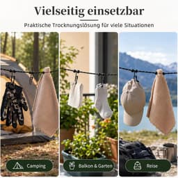 Waslijn uittrekbaar - Zwart - 3 m - Reflecterend Paracord met 12 Winddichte Klemmen - Voor Reizen en Outdoor — thumbnail 2