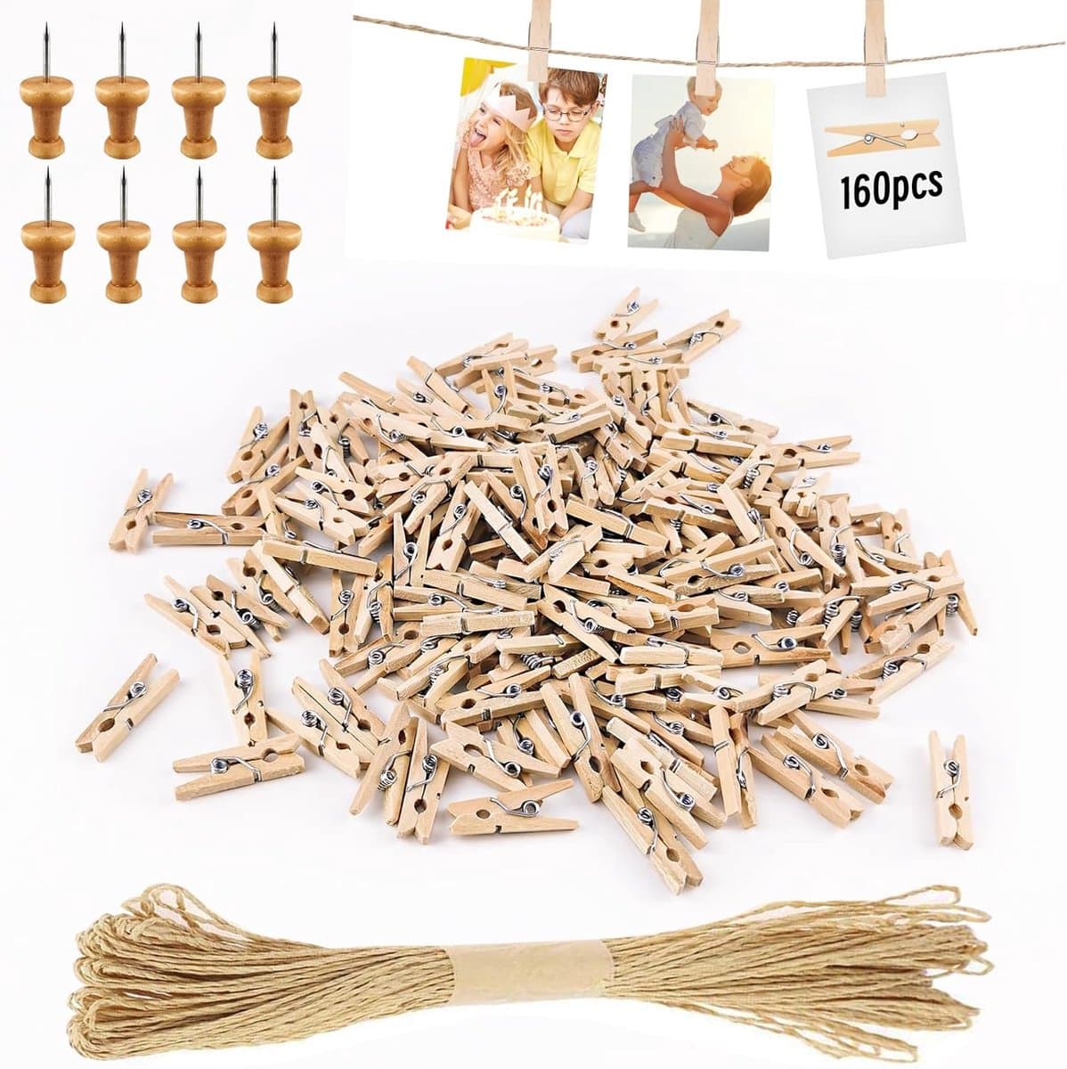 168 Stuks Mini Houten Klemmen, Kleine Mini-Wasknijpers, Bruiloft, Kleine Houten Knijpers Voor Polaroid Foto'S, Met 10 M Jute Touw, Doe-Het-Zelf Voor Fotowand, Display, Feest (Natuurlijk) — afbeelding 1