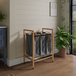 MIVRAY Wasmand – 90 Liter 3 Vakken Met Wielen – 83 x 60 x 40 cm – Bamboe – Houtskool En Naturel – Uitneembare Waszak — thumbnail 1
