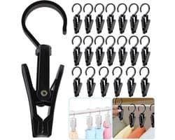 Set van 20 washaakjes met clips – Washaakjes met klem – Ophanghaken – Opbergclips voor de kast – Kunststof – Zwart