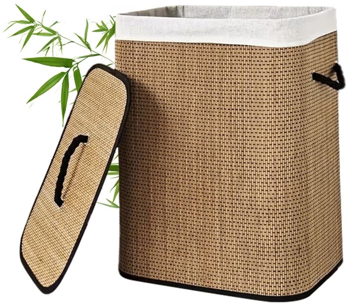 Evaux Boutique Bamboe wasmand - 72L - Met deksel tegen geurtjes - Opvouwbaar - Ruimtebesparend voor kleine ruimtes - Met wasbare binnenvoering — afbeelding 1