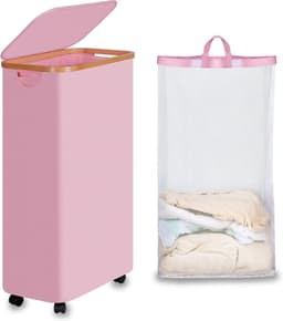 Vouwbare Wasmand met Wielen, 75L, Roze Slimme Wasmand met Deksel en Bamboe Handvatten voor Slaapkamer, Badkamer en Wasruimte — thumbnail 1