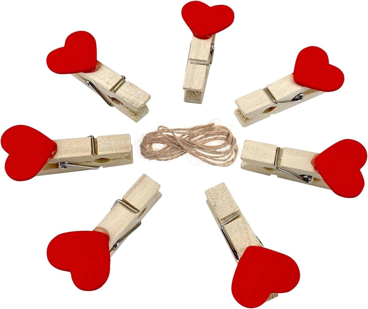 SnelShoppen - Andiker Mini Wasknijpers Houten Hartvorm met 2 m Jute Touw, Decoratieve Haakjes voor Bruiloften, Feestjes, Fotolijsten, Kaartdecoraties — afbeelding 1