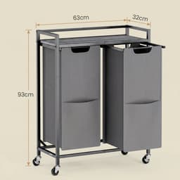 Wasmand met 2 compartimenten - Rolwagen met plank en vakken - Wasmand voor huishoudelijk gebruik - 63 x 32 x 93 cm - Zwartgrijs — thumbnail 3