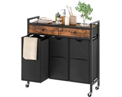 Home & Beyond® Wasmandkast met 3 Vakken en Lades - Wassorteerder op Wielen met Uitneembare Waszakken - Zwart en Vintage Houtlook - 84 x 30 x 96 cm