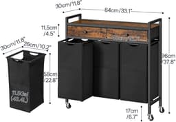 Home & Beyond® Wasmandkast met 3 Vakken en Lades - Wassorteerder op Wielen met Uitneembare Waszakken - Zwart en Vintage Houtlook - 84 x 30 x 96 cm — thumbnail 4