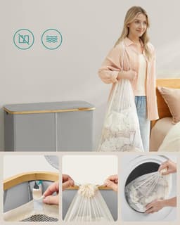 Wasmand met deksel, 4-vaks grote wasmand, 200 l, uitneembare mesh-voering, Oxford-stof, bamboe handgrepen, inklapbaar, 78 x 38,5 x 70,5 cm, duifgrijs LCB514GD01 — thumbnail 5