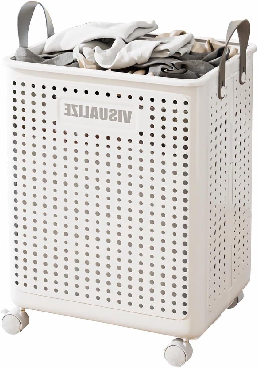 Opvouwbare wasmand met wieltjes van 60 liter, ideaal voor bijkeuken en slaapkamer, stevig en praktisch met handvatten — afbeelding 1
