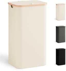 Dailygoods - YOUDENOVA Wasmand met deksel, 100 liter, wasverzamelaar, smal met waszak, opvouwbare wassorteerder met kunststof handvat, hoge wasmand, beige — thumbnail 1
