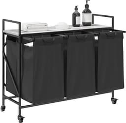 Wasmand – Wasbak – Laundry Basket – Wasbox – Wascontainer – 3 Compartimenten – Wieltjes Met Rem – Stevig Stalen Frame – Sonoma Grijs Houten Plank — thumbnail 5