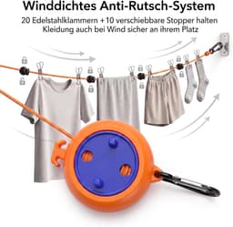 Camping waslijn, 10 m, uittrekbaar, reiswaslijn met 20 roestvrijstalen wasknijpers en 10 stoppers, winddicht, outdoor - ShopVlot — thumbnail 5