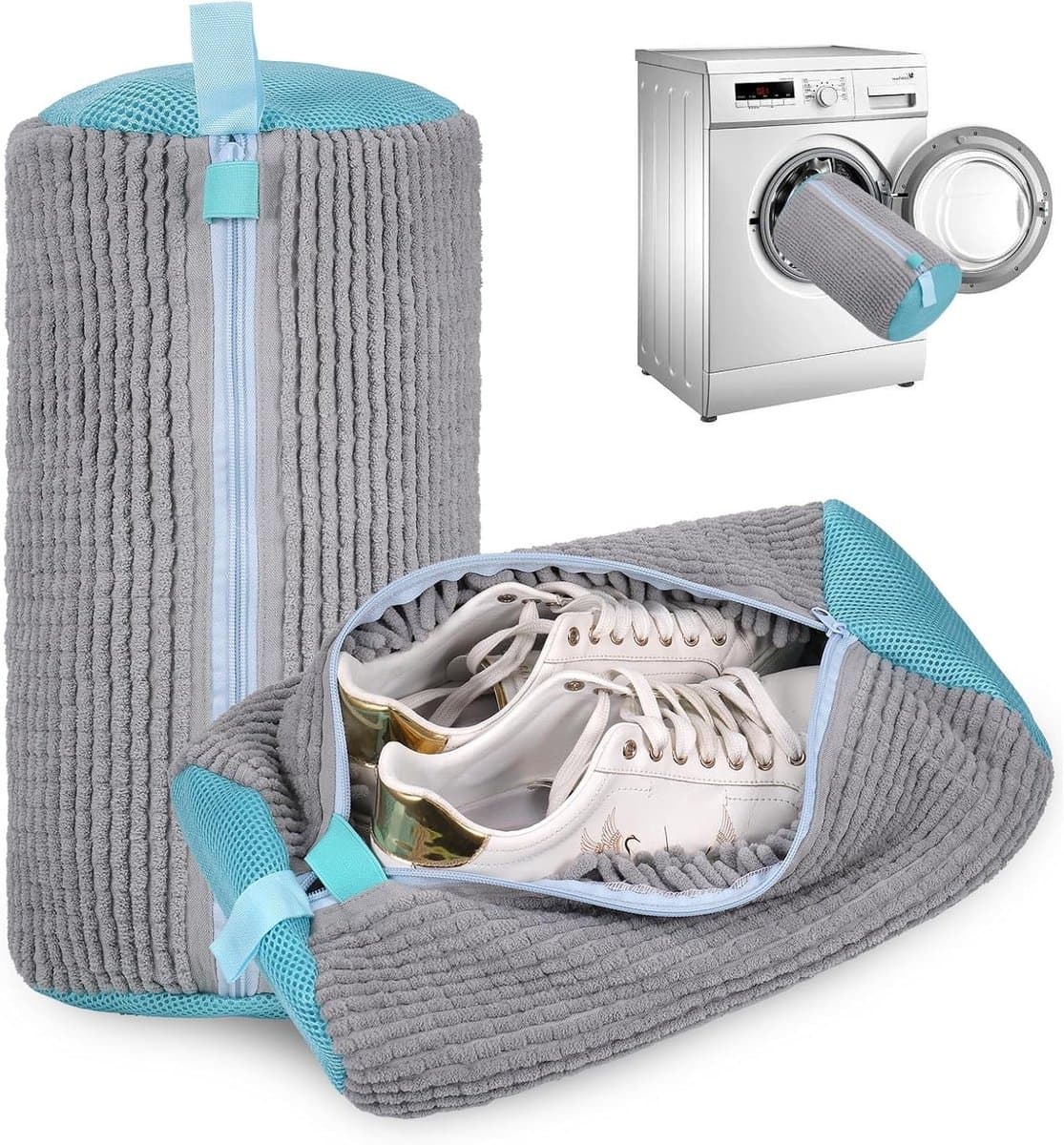 Waszak voor schoenen, herbruikbare waszak voor de wasmachine, ideaal voor het reinigen van sportschoenen, met rits, 360° reiniging, set van 2, grijs — afbeelding 1