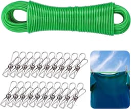 Waslijn Staalkern - Kledinglijn Buiten - Drogen van Kleding - Met 20 Clips - 30 Meter - Groen — thumbnail 1
