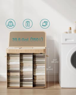 SONGMICS wasmand met deksel, wasmand bamboe, waszak afneembaar en machinewasbaar, met handvatten, 150 liter, voor wasruimte, slaapkamer, woonkamer, naturel beige LCB062N01 — thumbnail 4