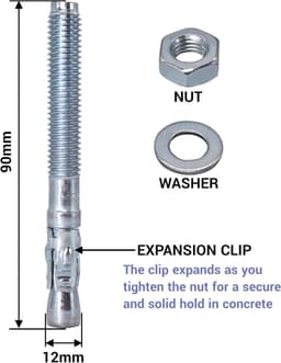 Wigankers M12 - Metalen pluggen boutanker - Beton bevestiging - Verzinkt staal - 90 mm - Zilver — thumbnail 2