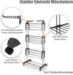 Droogrek Toren met 3 Niveaus en Wielen - Ruimtebesparend Wasrek voor Binnen en Buiten — thumbnail 3
