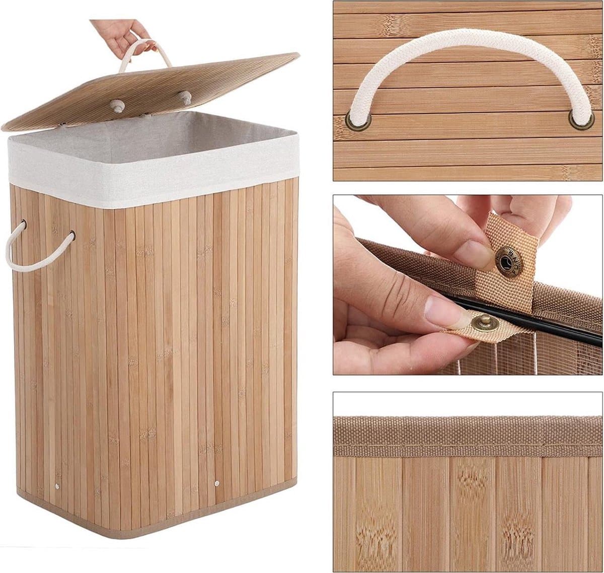 Bamboe wasmand met katoenen zak, handvaten en deksel, 72 liter- afm. 40 x 30 x 60 cm — afbeelding 1