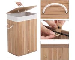 Bamboe wasmand met katoenen zak, handvaten en deksel, 72 liter- afm. 40 x 30 x 60 cm