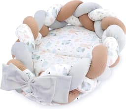 Pasgeboren babynest 75 x 45 cm - knuffelnest met gevlochten kussen - inklapbare set - tweezijdig babynest - Velvet Eulen — thumbnail 1