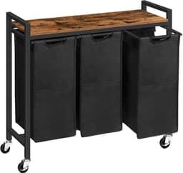 Mila Shop Wasmand - Wasmand 3 vakken - Met boven plank - Op wielen - 84x33x74cm - Zwart/bruin — thumbnail 1