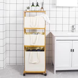 Bamboe Wasmand met Wieltjes en 4 Verdiepingen - Wassen Sorteerder - Badkamerrek met 3 Opbergmanden - Wasverzamelaar - Waswagen - Wascontainer - 121x34x42cm - 50kg belastbaar - Natuur Wasmand 3.0 — thumbnail 5