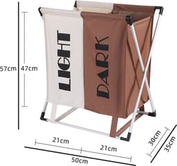 Wassorteerder - 60 L - Wasmand 2 Vakken - Opvouwbare Wasmanden - Wassorteerder 2 vaks - Aluminium Frame - Bruin - Wit — thumbnail 3