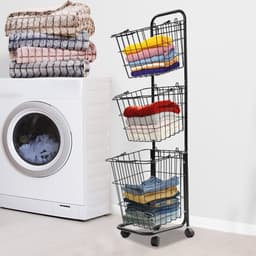 Wasmandwagen Met 3 Manden Zwart 26*32*123cm 3-Laags Rolbare Wasmanden Op Wielen Wasrek Waswagen Voor Badkamer Waskeuken — thumbnail 4