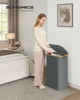 SONGMICS LCB518GN01 - Wasmand met Deksel - Opvouwbaar en bamboe Frame - Voor Wasruimte Slaapkamer Woonkamer — thumbnail 3