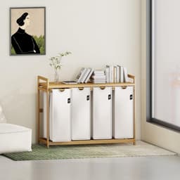 RONN® Wasmand 4 Vakken - Wassorteerder - Wasmand - met Verwijderbare Waszak - Licht Grijs - 107cm x 42cm x 77cm ; 6.3 kg — thumbnail 2