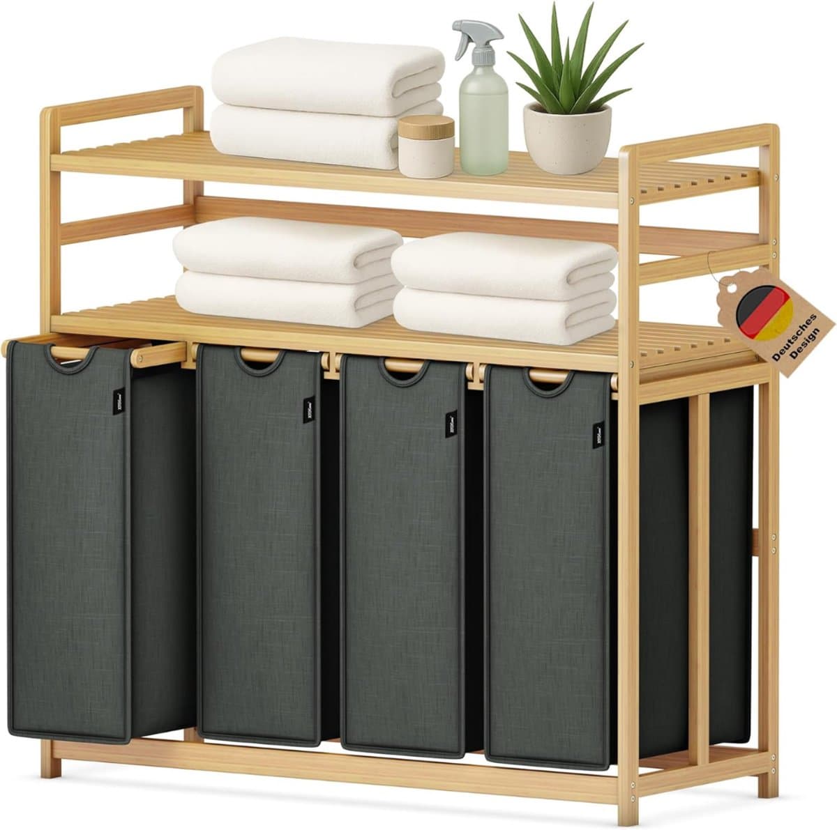 Nexvo® Wasmand 4 Vakken - Wassorteerder - Wasmand - Bamboe Frame - Donkergrijs - 103cm x 42cm x 101cm — afbeelding 1