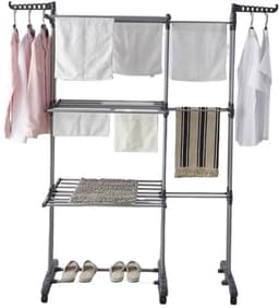 Opvouwbaar Droogrek met Wieltjes – 3 Lagen Wasrek van Staal – Inklapbaar & Verrijdbaar Droogrek – 176 cm Hoog – Grijs — thumbnail 3