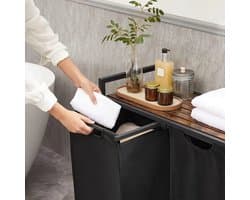 Wasmand 2 Vakken – Wassorteerder 76L – Uitschuifbare Wasmand met Plank – Zwart Metaal & Bruin Hout – 92,5 x 33 x 71 cm