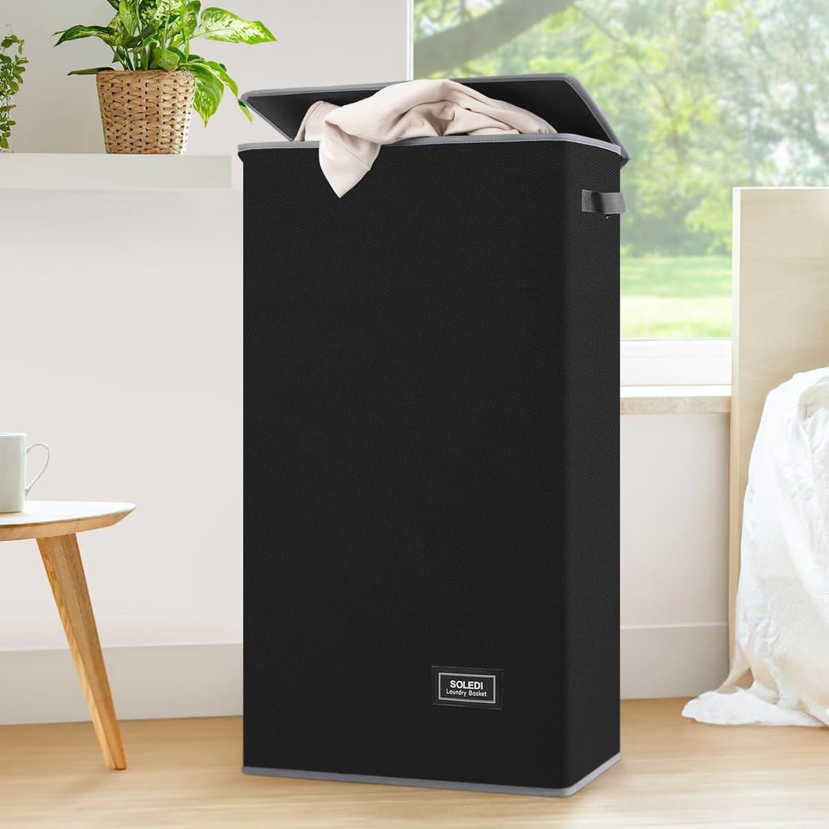 Wasmand met deksel, zwart, 100 liter, waszak, smalle wasverzamelaar, voor badkamer, slaapkamer, waskamer, kinderkamer, appartementen, wasmands, opvouwbare wasmand — afbeelding 1