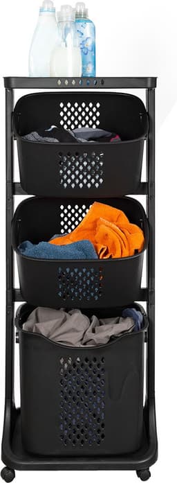 3-in-1 wasmand – Inhoud Grote Mand 38 L - Inhoud Kleine Mand 22 L – Wasbox organizer – Wassorteerder met 3 vakken – Kunststof – Zwart — thumbnail 1