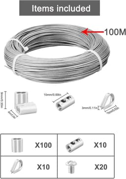 2mm 100m Vinyl Gecoate Draad Kabel 304 Roestvrij Stalen Draad Kabel - Vliegtuigkabel met Aluminium Krimplus 7x7 Strengen Kern voor Verlichting Gids opknoping Kledinglijn — thumbnail 2