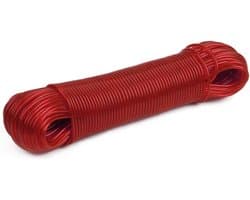 Waslijn 50 meter PVC met stabiele staaldraad inleg - hoogwaardige reiswaslijn in rood - ideaal voor huishouden, tuin en camping