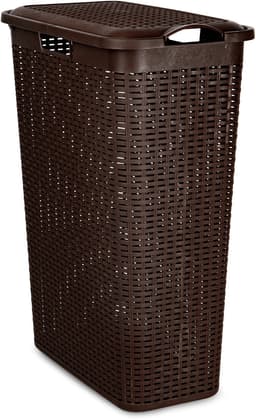 Plasticforte Smalle Wasmand met deksel Rotan - donkerbruin - gevlochten kunststof - 48 liter - 27 x 46 x 60 cm — thumbnail 1