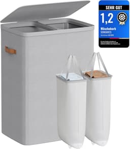 Furnstar Wasmand 170 l - Wasverzamelaar - 2 vakken - Wassorteerder - Lichte constructie met deksel en handgrepen - Uitneembare waszak 56 x 40 x 75 cm – Duifgrijs — thumbnail 1