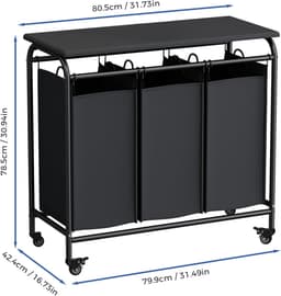 Wishdor Luxe Wasmand met Wielen 3 Vakken - Wassorteerder met Strijkplank & Opvouwtafel - Uitneembare Waszakken - Zwart (80,5 x 42,4 x 78,5 cm) — thumbnail 2