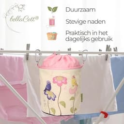 Draagbare wasknijperzak katoen – motief vogels op bloemen – waszak met karabijnhaken & koord – Ø18 x 31 cm – stoffen zak voor knijpers, kamperen, huishouden & tuin — thumbnail 3